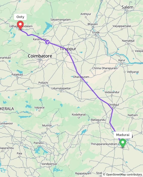 Route map showing distance and travel time from Madurai, India to Ooty, India