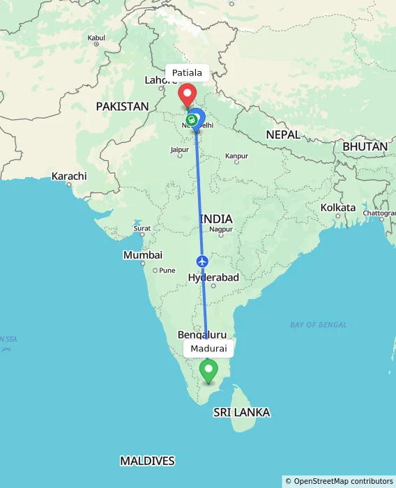 Route map showing distance and travel time from Madurai, India to Patiala, India