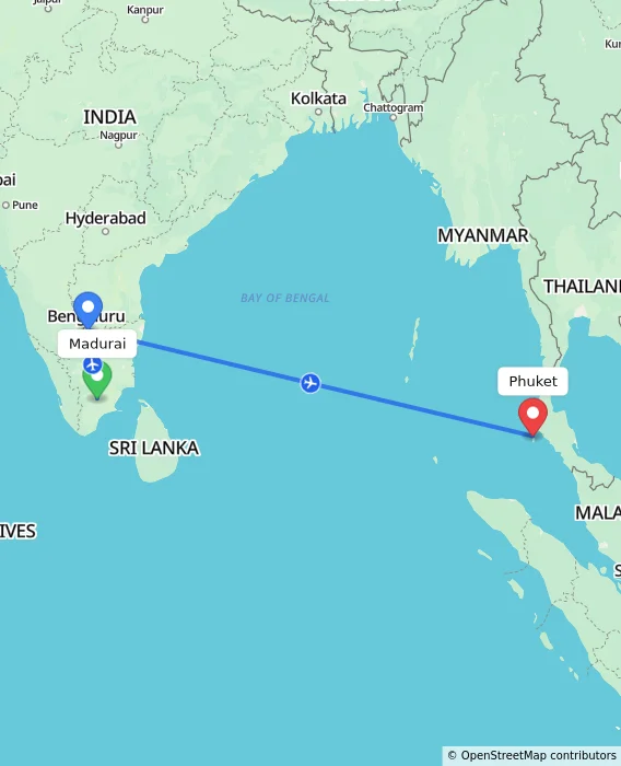 Route map showing distance and travel time from Madurai, India to Phuket, Thailand