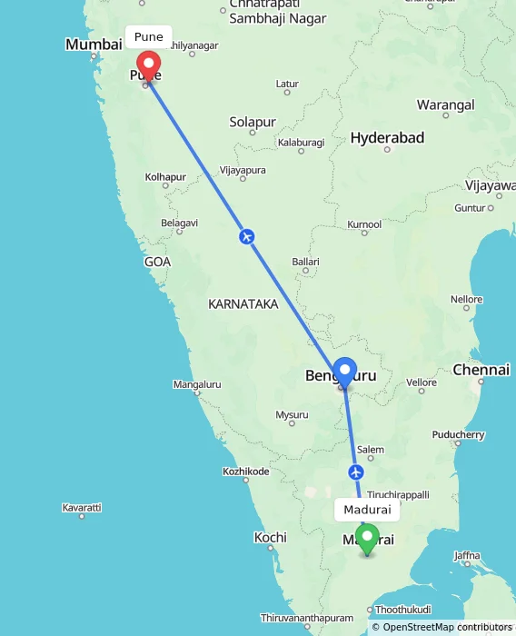 Route map showing distance and travel time from Madurai, India to Pune, India