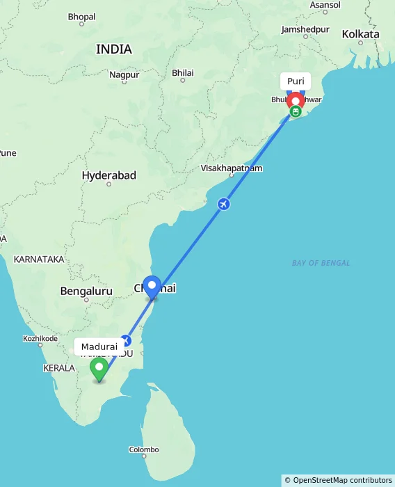 Route map showing distance and travel time from Madurai, India to Puri, India