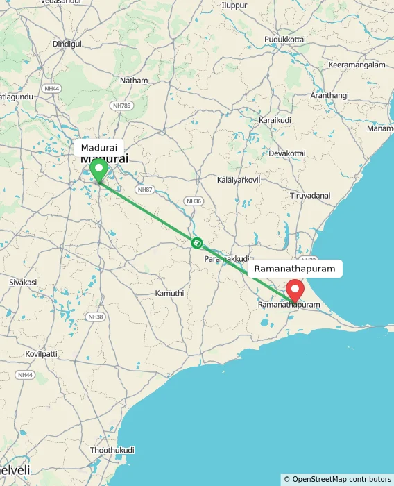 Route map showing distance and travel time from Madurai, India to Ramanathapuram, India