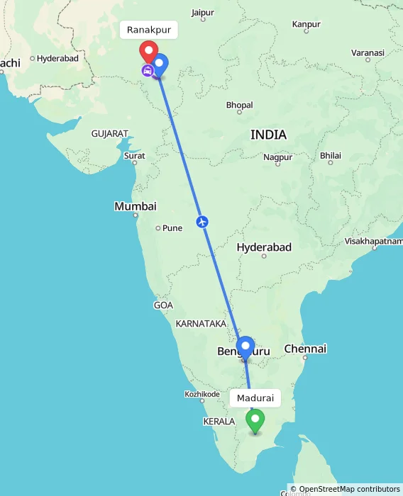Route map showing distance and travel time from Madurai, India to Ranakpur, India