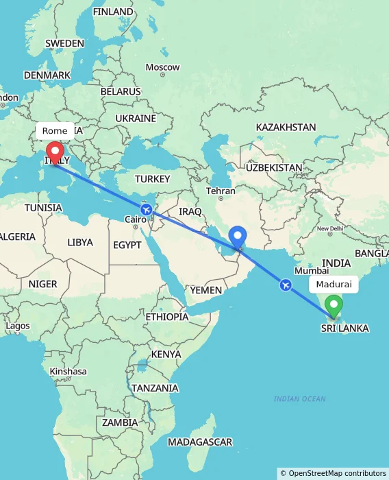 Route map showing distance and travel time from Madurai, India to Rome, Italy