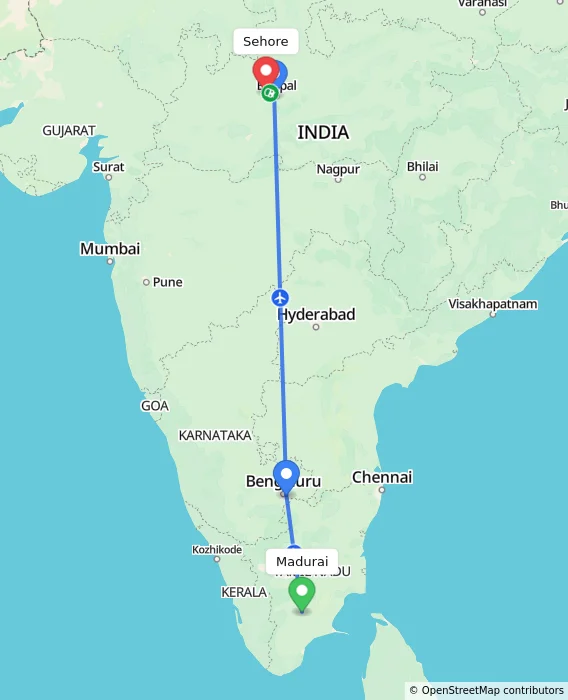 Route map showing distance and travel time from Madurai, India to Sehore, India