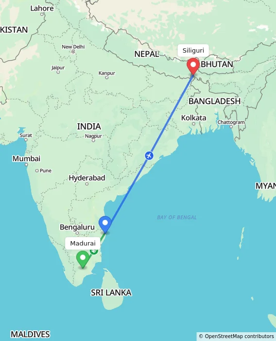 Route map showing distance and travel time from Madurai, India to Siliguri, India