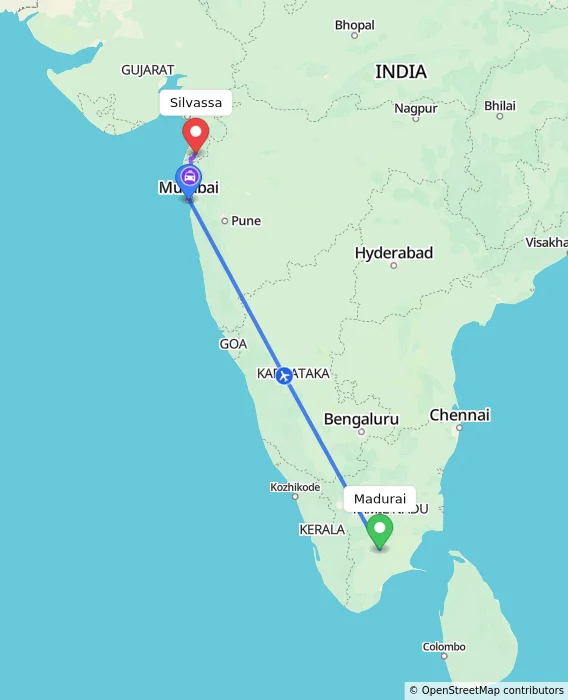 Route map showing distance and travel time from Madurai, India to Silvassa, India