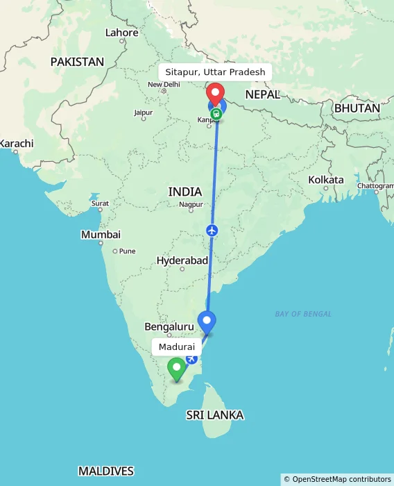 Route map showing distance and travel time from Madurai, India to Sitapur, Uttar Pradesh, India