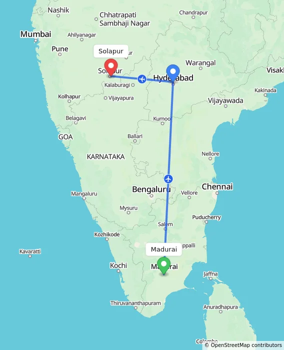 Route map showing distance and travel time from Madurai, India to Solapur, India