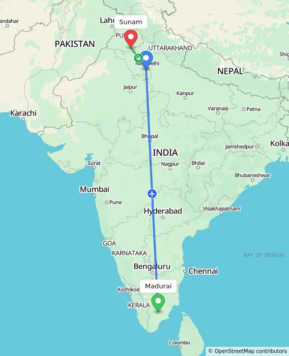 Route map showing distance and travel time from Madurai, India to Sunam, India