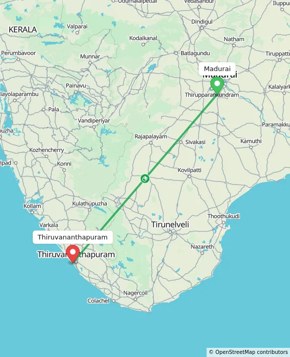 Route map showing distance and travel time from Madurai, India to Thiruvananthapuram, India