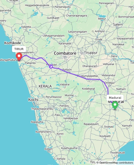 Route map showing distance and travel time from Madurai, India to TIRUR, India