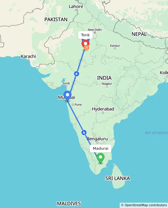 Route map showing distance and travel time from Madurai, India to Tonk, India