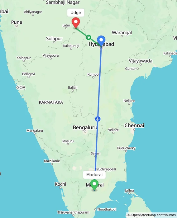 Route map showing distance and travel time from Madurai, India to Udgir, India