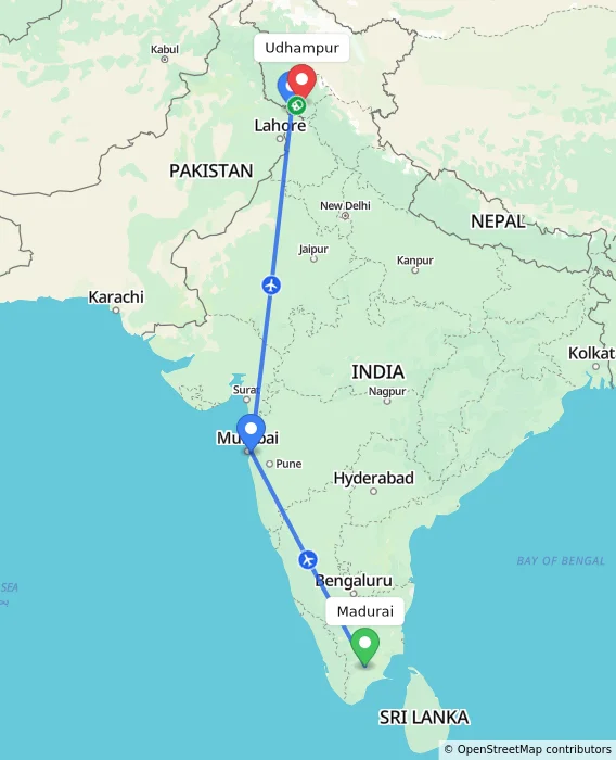 Route map showing distance and travel time from Madurai, India to Udhampur, India