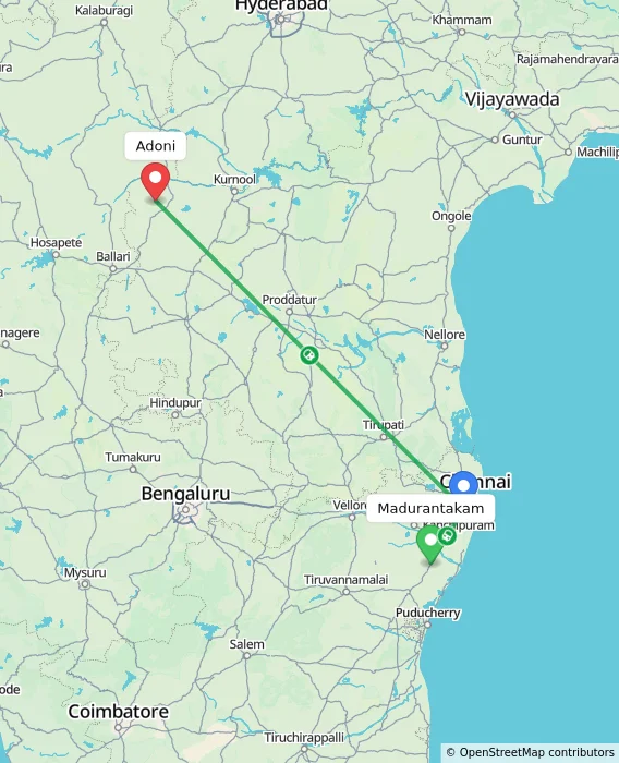 Route map showing distance and travel time from Madurantakam, India to Adoni, India