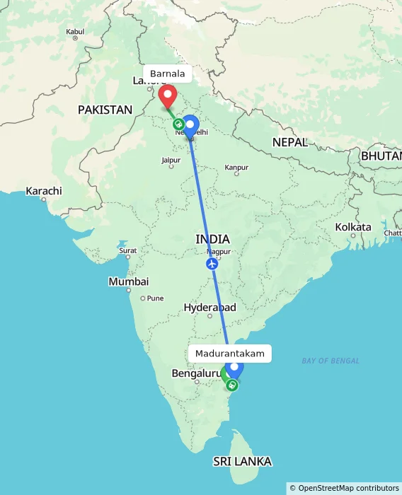 Route map showing distance and travel time from Madurantakam, India to Barnala, India