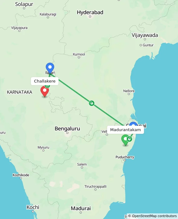 Route map showing distance and travel time from Madurantakam, India to Challakere, India