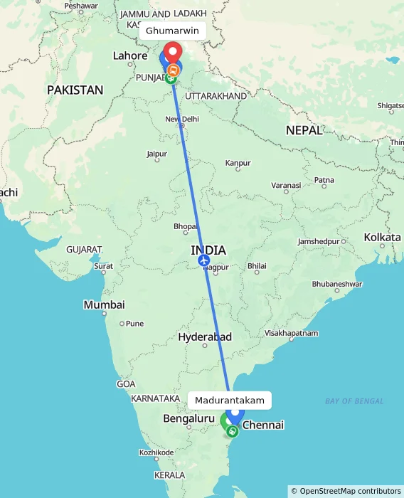 Route map showing distance and travel time from Madurantakam, India to Ghumarwin, India