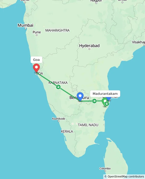 Route map showing distance and travel time from Madurantakam, India to Goa, India