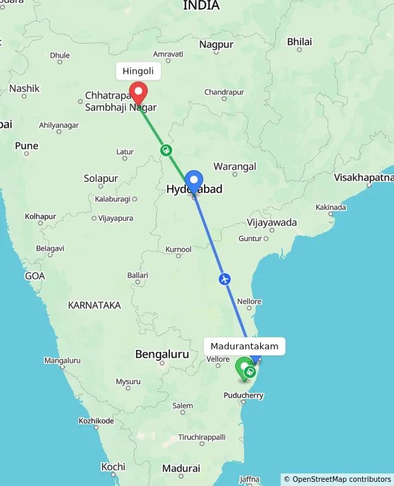 Route map showing distance and travel time from Madurantakam, India to Hingoli, India