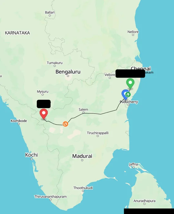 Route map showing distance and travel time from Madurantakam, India to Ooty, India