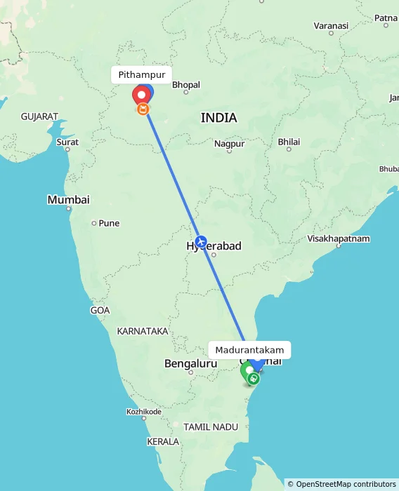 Route map showing distance and travel time from Madurantakam, India to Pithampur, India