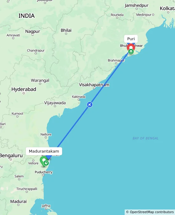 Route map showing distance and travel time from Madurantakam, India to Puri, India