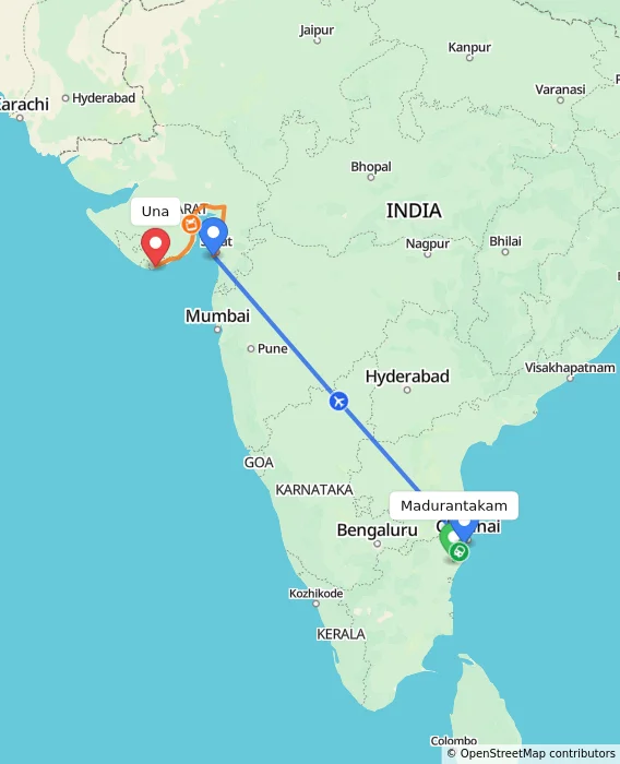 Route map showing distance and travel time from Madurantakam, India to Una, India