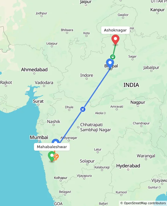 Route map showing distance and travel time from Mahabaleshwar, India to Ashoknagar, India