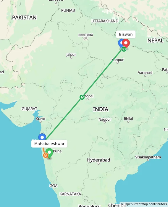 Route map showing distance and travel time from Mahabaleshwar, India to Biswan, India