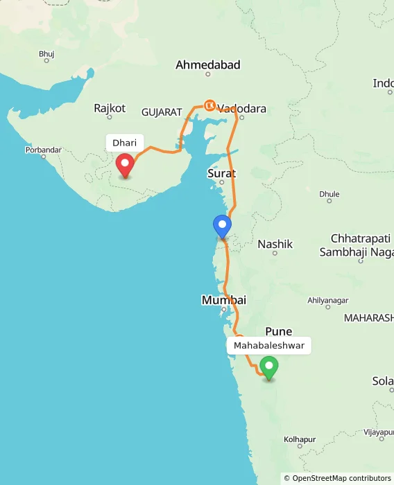 Route map showing distance and travel time from Mahabaleshwar, India to Dhari, India