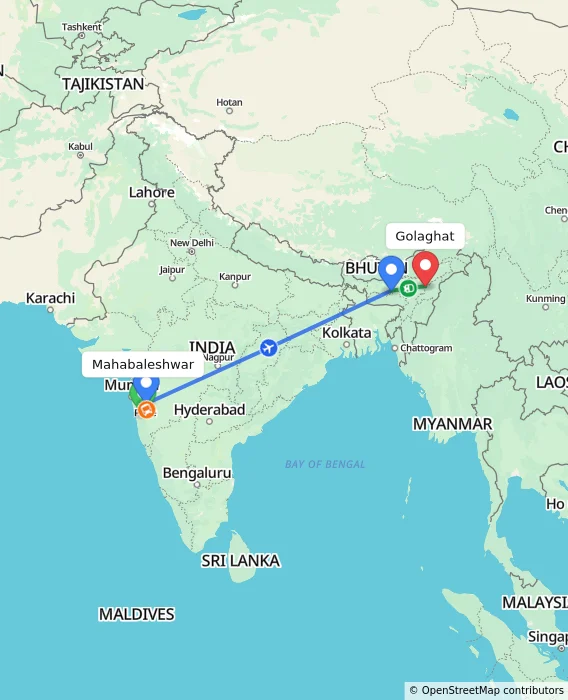 Route map showing distance and travel time from Mahabaleshwar, India to Golaghat, India