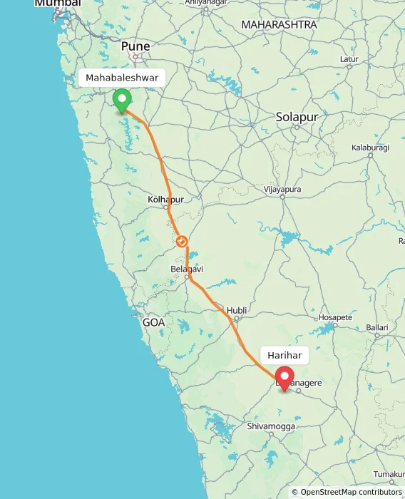 Route map showing distance and travel time from Mahabaleshwar, India to Harihar, India