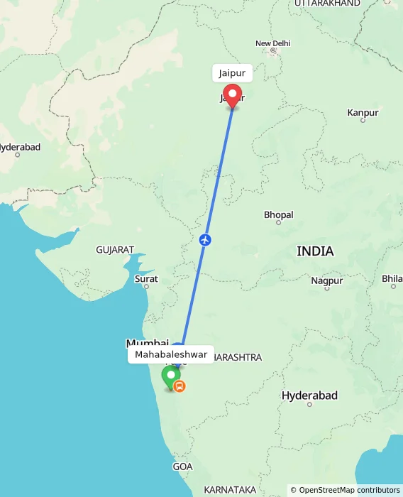 Route map showing distance and travel time from Mahabaleshwar, India to Jaipur, India