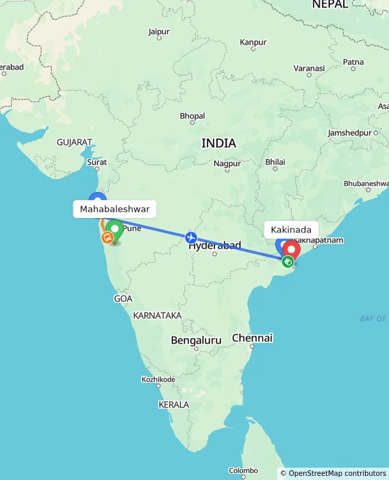 Route map showing distance and travel time from Mahabaleshwar, India to Kakinada, India