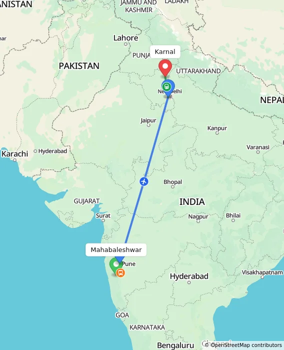 Route map showing distance and travel time from Mahabaleshwar, India to Karnal, India