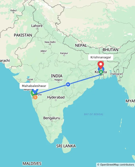 Route map showing distance and travel time from Mahabaleshwar, India to Krishnanagar, India