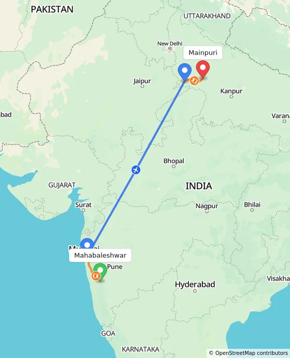 Route map showing distance and travel time from Mahabaleshwar, India to Mainpuri, India