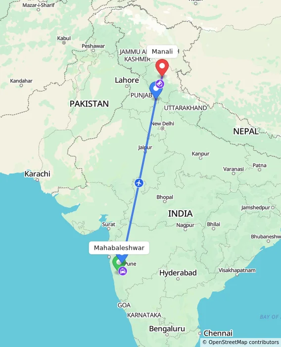 Route map showing distance and travel time from Mahabaleshwar, India to Manali, India