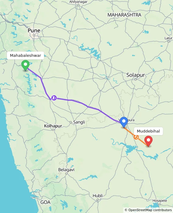 Route map showing distance and travel time from Mahabaleshwar, India to Muddebihal, India