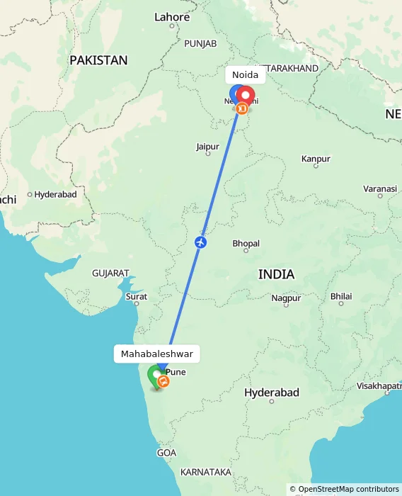 Route map showing distance and travel time from Mahabaleshwar, India to Noida, India