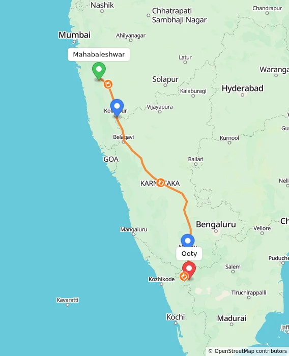 Route map showing distance and travel time from Mahabaleshwar, India to Ooty, India
