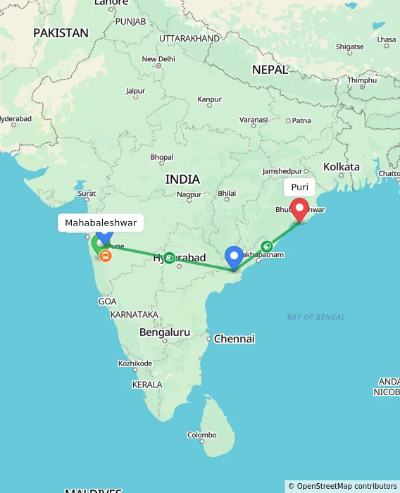 Route map showing distance and travel time from Mahabaleshwar, India to Puri, India
