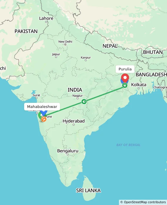 Route map showing distance and travel time from Mahabaleshwar, India to Purulia, India
