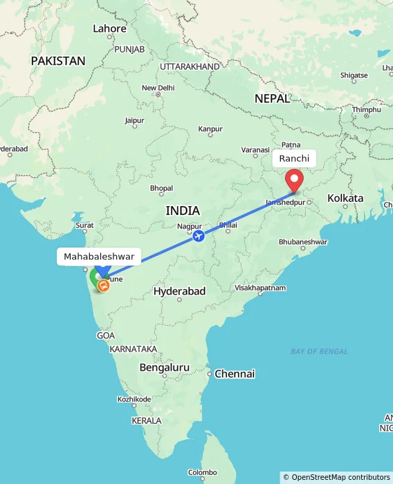 Route map showing distance and travel time from Mahabaleshwar, India to Ranchi, India