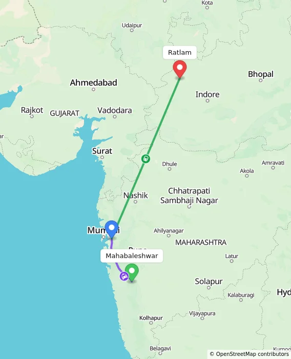 Route map showing distance and travel time from Mahabaleshwar, India to Ratlam, India