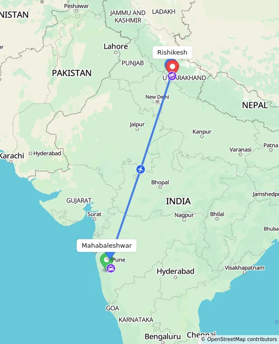 Route map showing distance and travel time from Mahabaleshwar, India to Rishikesh, India