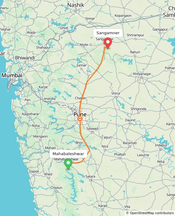Route map showing distance and travel time from Mahabaleshwar, India to Sangamner, India