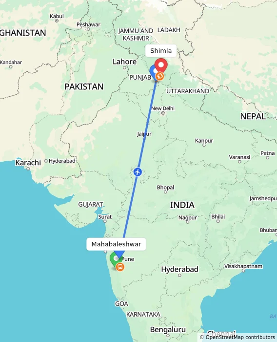 Route map showing distance and travel time from Mahabaleshwar, India to Shimla, India
